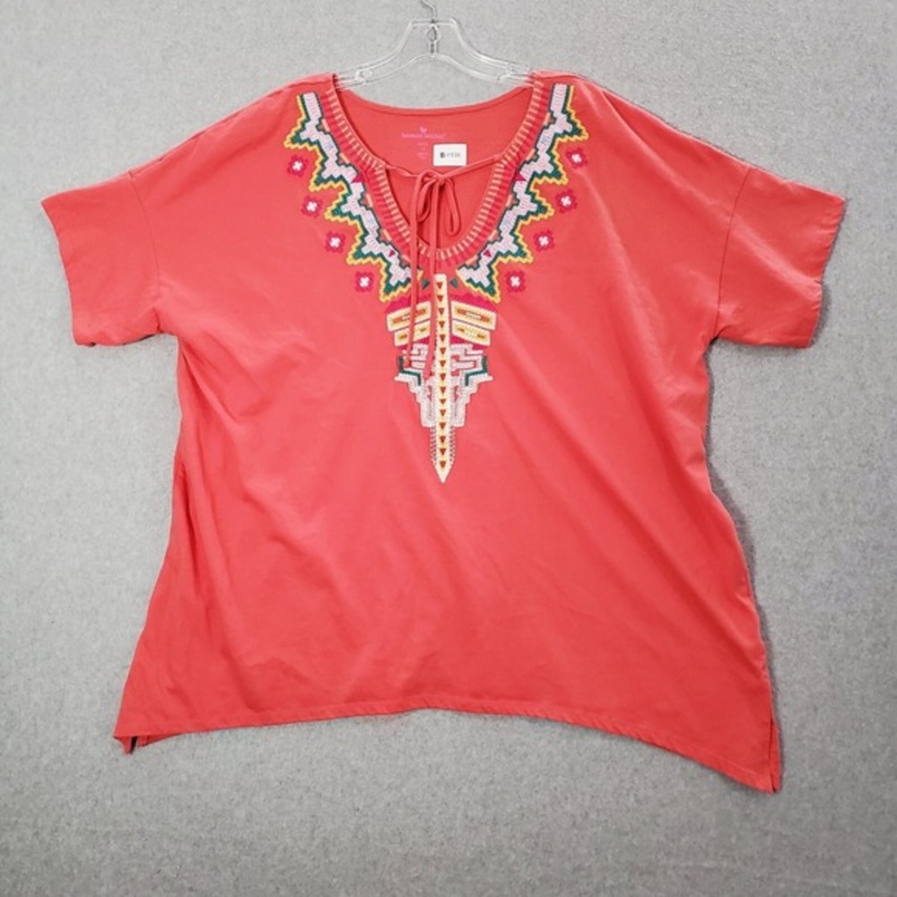 Woman Within Women Top 1x Coral Tunic Shirt 3/4 Sleeve V Neck Embroidered Tee